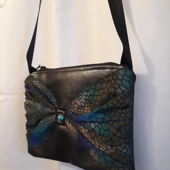 NEW Little Black vinyl Bow Bag Jewel tone snakeskin print chiffon accent Evening - Picture 4 of 7